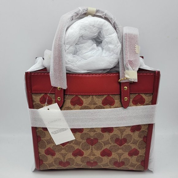 Coach Field Tote 22 in Signature Canvas with Heart Print C8391 Tan Red Apple - Picture 1 of 8